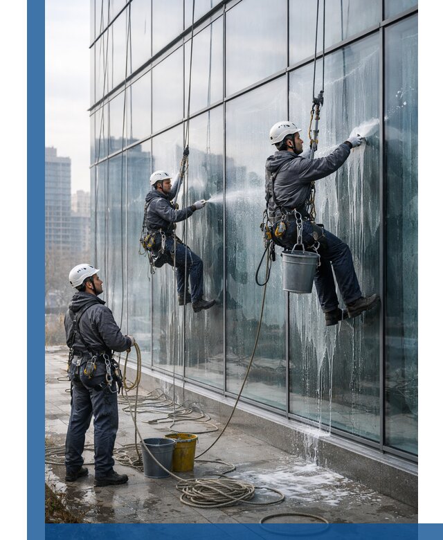 Промышленная мойка панорамных окон на высоте в Братске