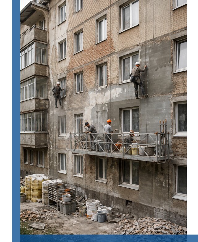 Капитальный ремонт фасада в Братске с восстановлением и гидроизоляцией