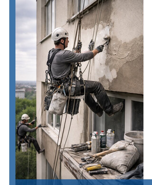 Косметический ремонт фасада зданий в Братске промышленными альпинистами