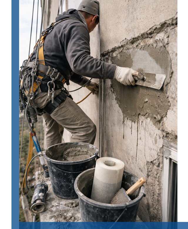 Ремонт бетонных элементов фасада промышленными альпинистами в Братске