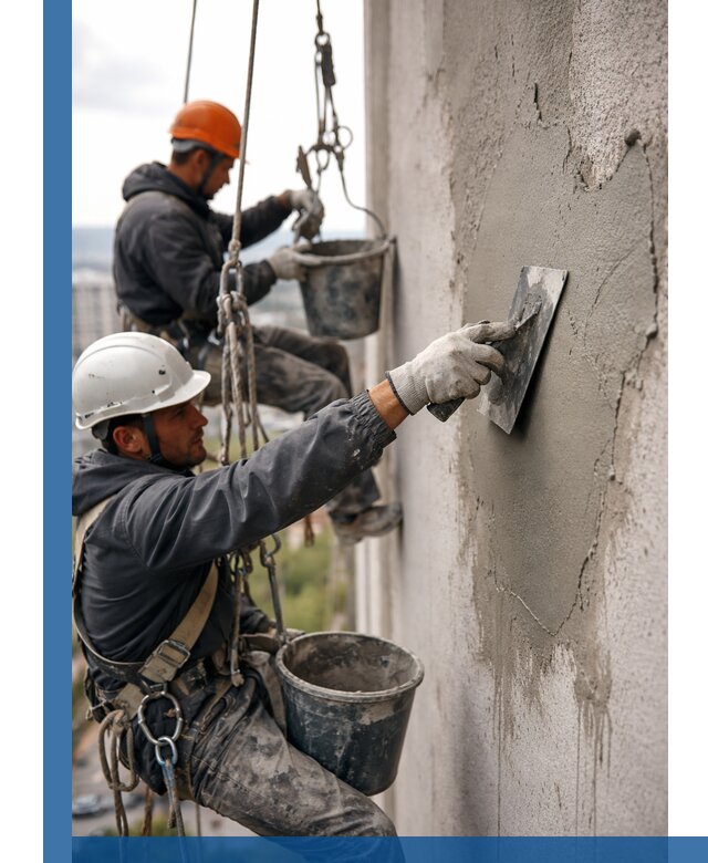 Штукатурка фасада на высоте в Братске профессиональные работы