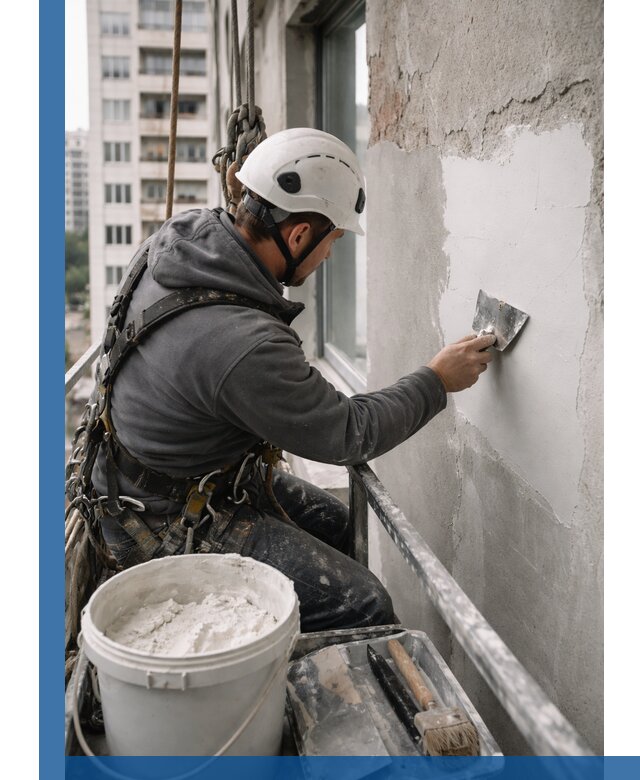 Шпаклевка фасадов на высоте с промальпинистами в Братске