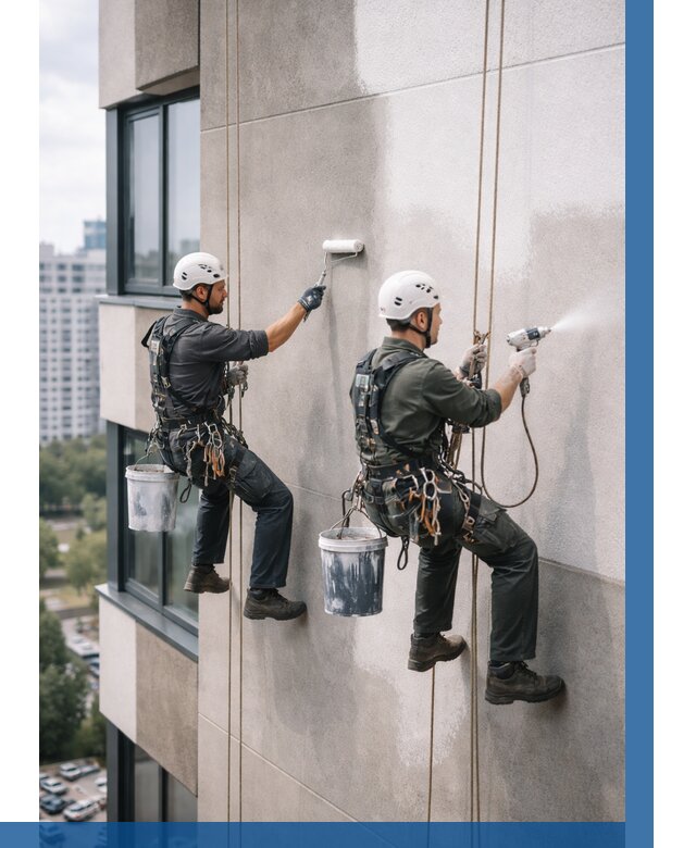 Покраска фасада альпинистами в Братске от 306 р. | ВЫСОТНИК-Брт