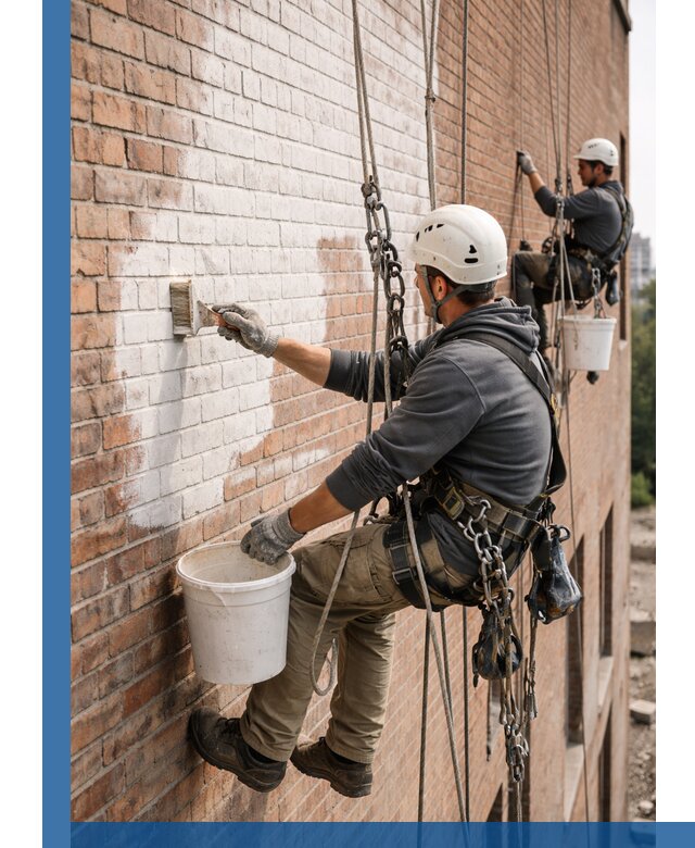 Покраска кирпичного фасада с доступным альпинистским сервисом в Братске