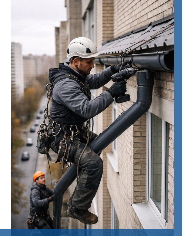 Монтаж водосточной системы на здании в Братске от 5102 р. | ВЫСОТНИК-Брт