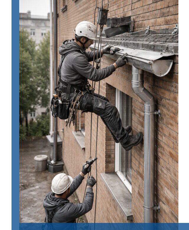 Монтаж водосточной системы на здании в Братске под ключ