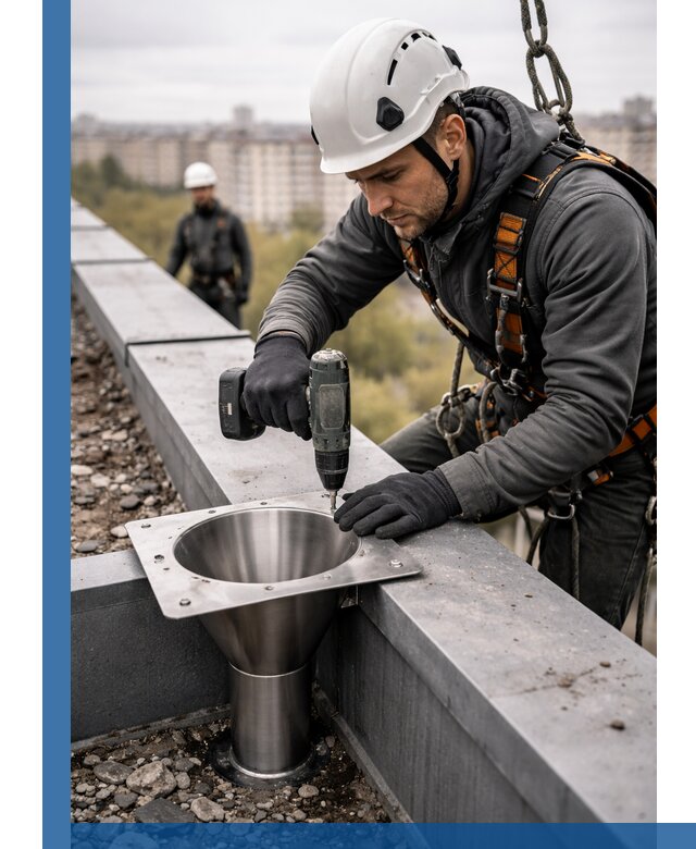 Монтаж водосточных воронок в Братске для промышленных зданий