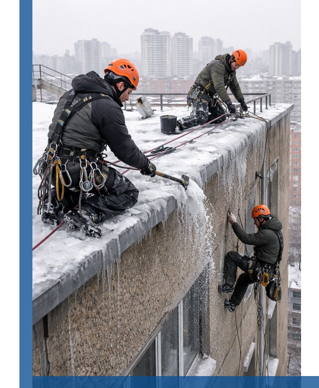 Удаление наледи с кровли в Братске промышленными альпинистами