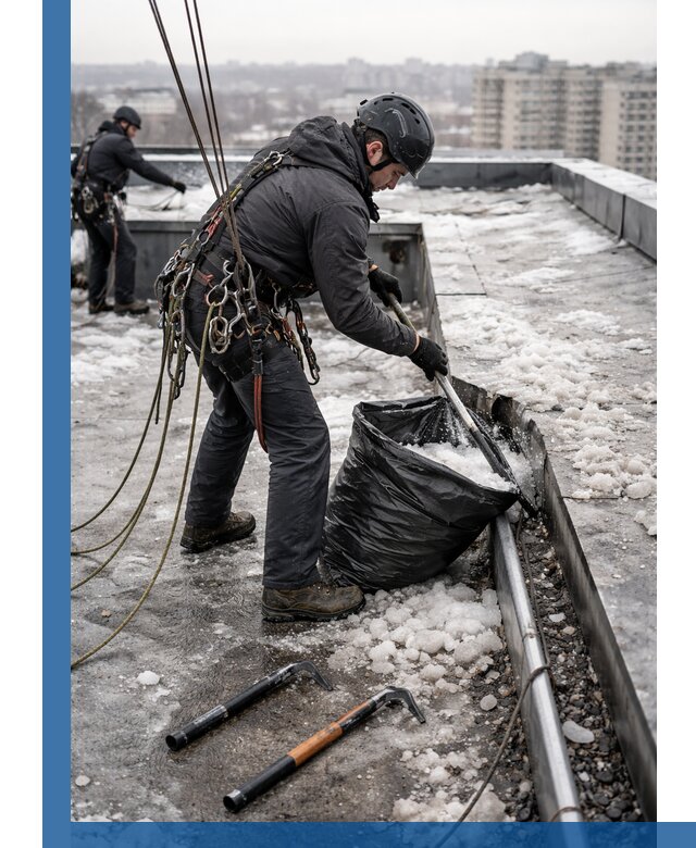 Аварийная очистка кровли в Братске от промальпинистов