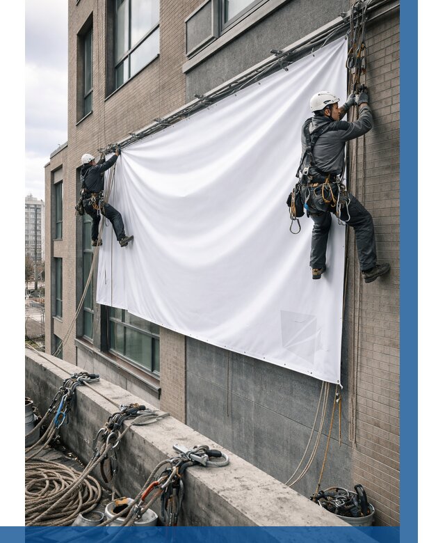 Монтаж баннеров на фасаде в Братске от 663 р. заказать ВЫСОТНИК-Брт