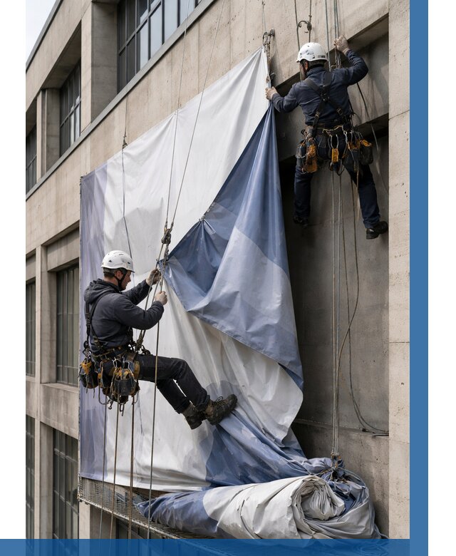 Демонтаж баннеров с фасада в Братске от 4592 р. | ВЫСОТНИК-Брт