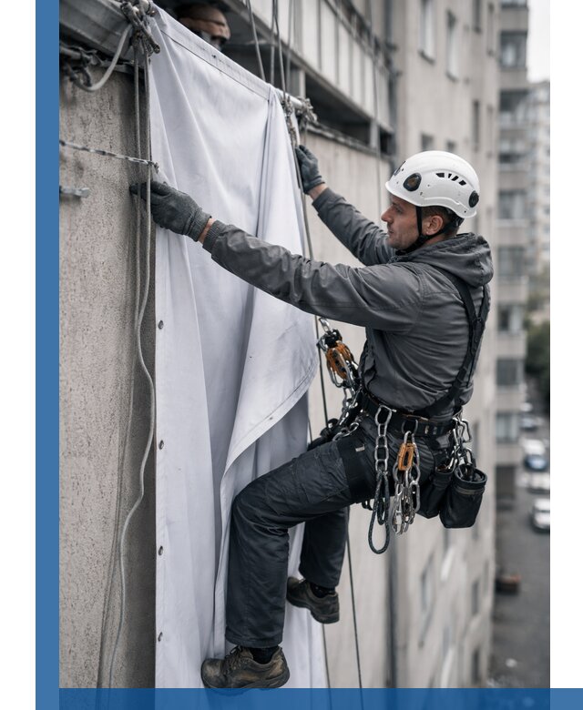 Замена баннерного полотна промышленными альпинистами в Братске