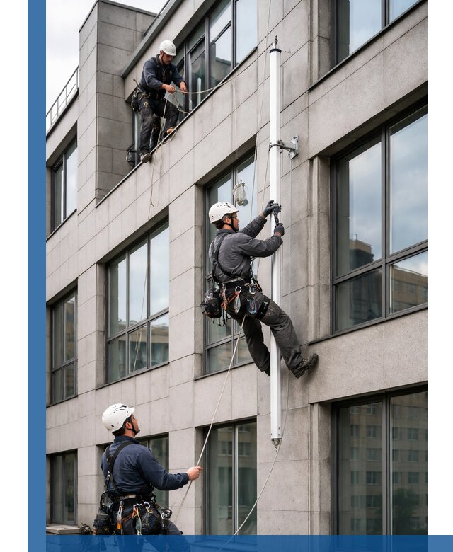 Монтаж флагштока на фасаде здания с креплением и герметикой в Братске