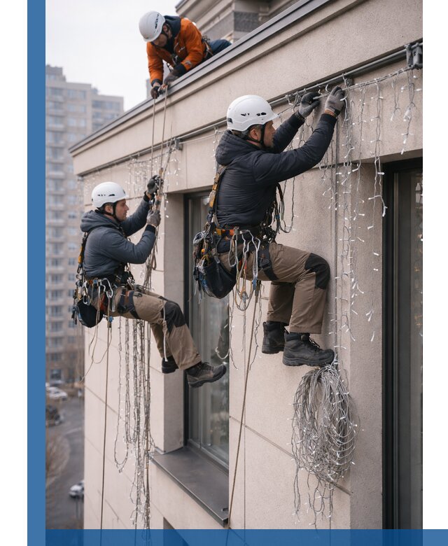 Монтаж праздничных гирлянд на фасаде в Братске для зданий