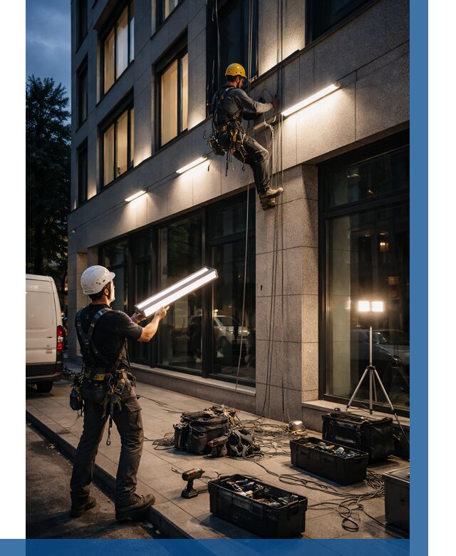 Монтаж архитектурной подсветки здания в Братске от 2551 р.|ВЫСОТНИК-Брт