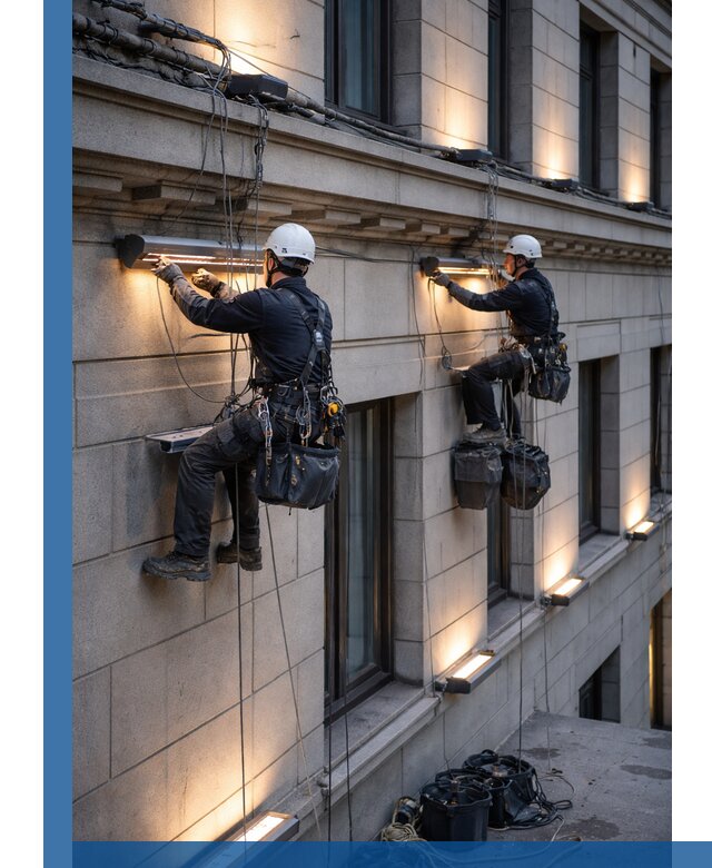 Монтаж архитектурной подсветки фасадов зданий в Братске