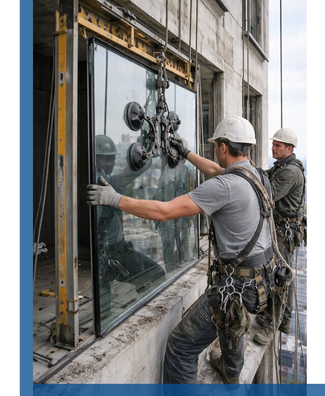 Монтаж стеклопакетов на высоте в Братске с промышленным альпинизмом