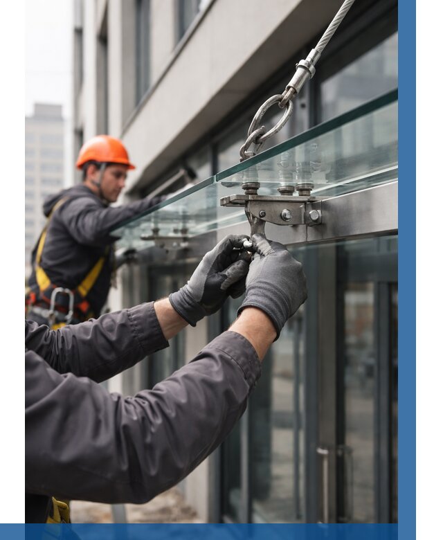 Монтаж стеклянных козырьков в Братске от 8673 р. | ВЫСОТНИК-Брт