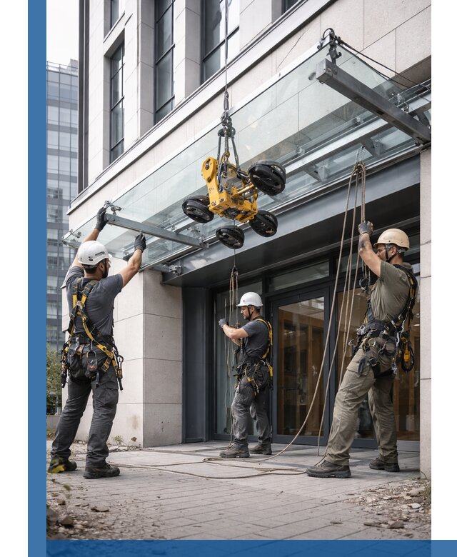 Монтаж стеклянных козырьков под ключ в Братске для зданий