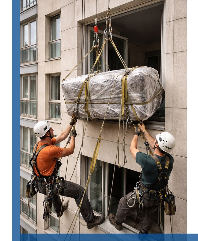 Подъем грузов через окно в Братске промышленными альпинистами