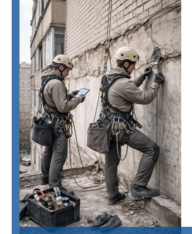 Обследование фасада промышленными альпинистами в Братске